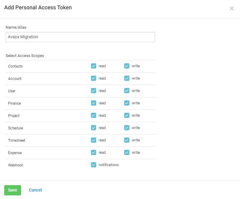 Personal Access Token Avaza