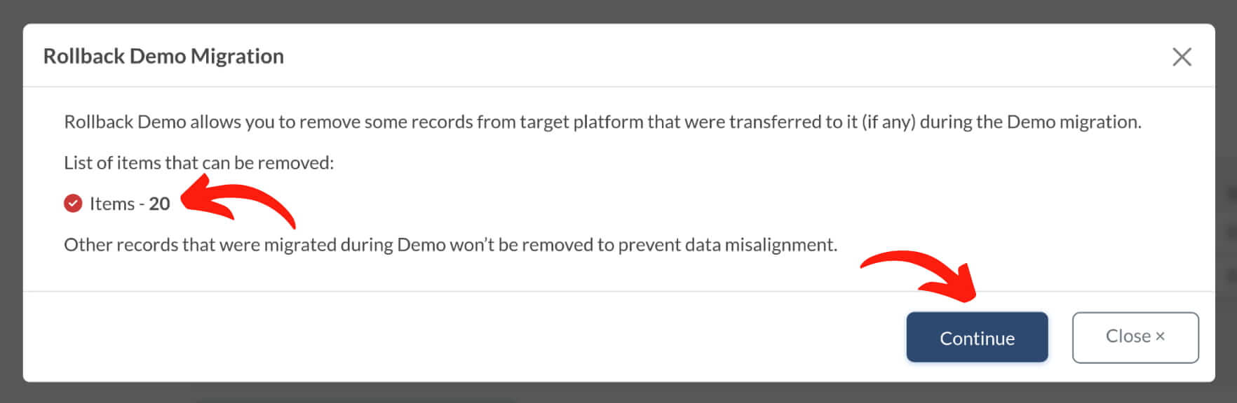 The Rollback Demo option - list of records